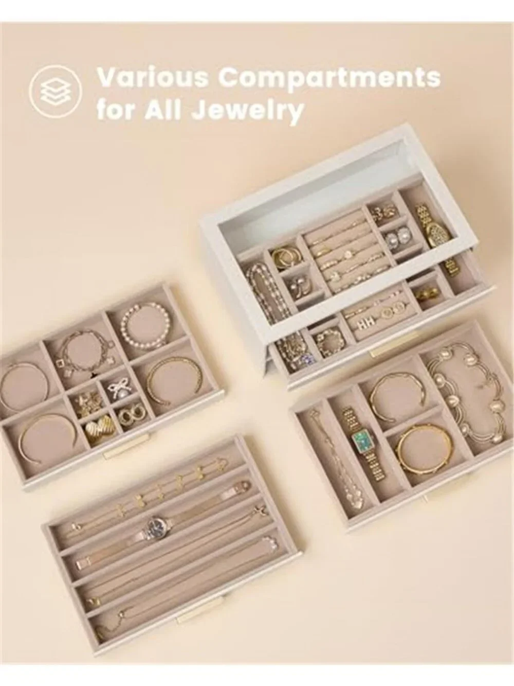 Beige Jewelry Box Organizer 4 Drawer Glass Lid Velvet Ring Necklace Earring Case
